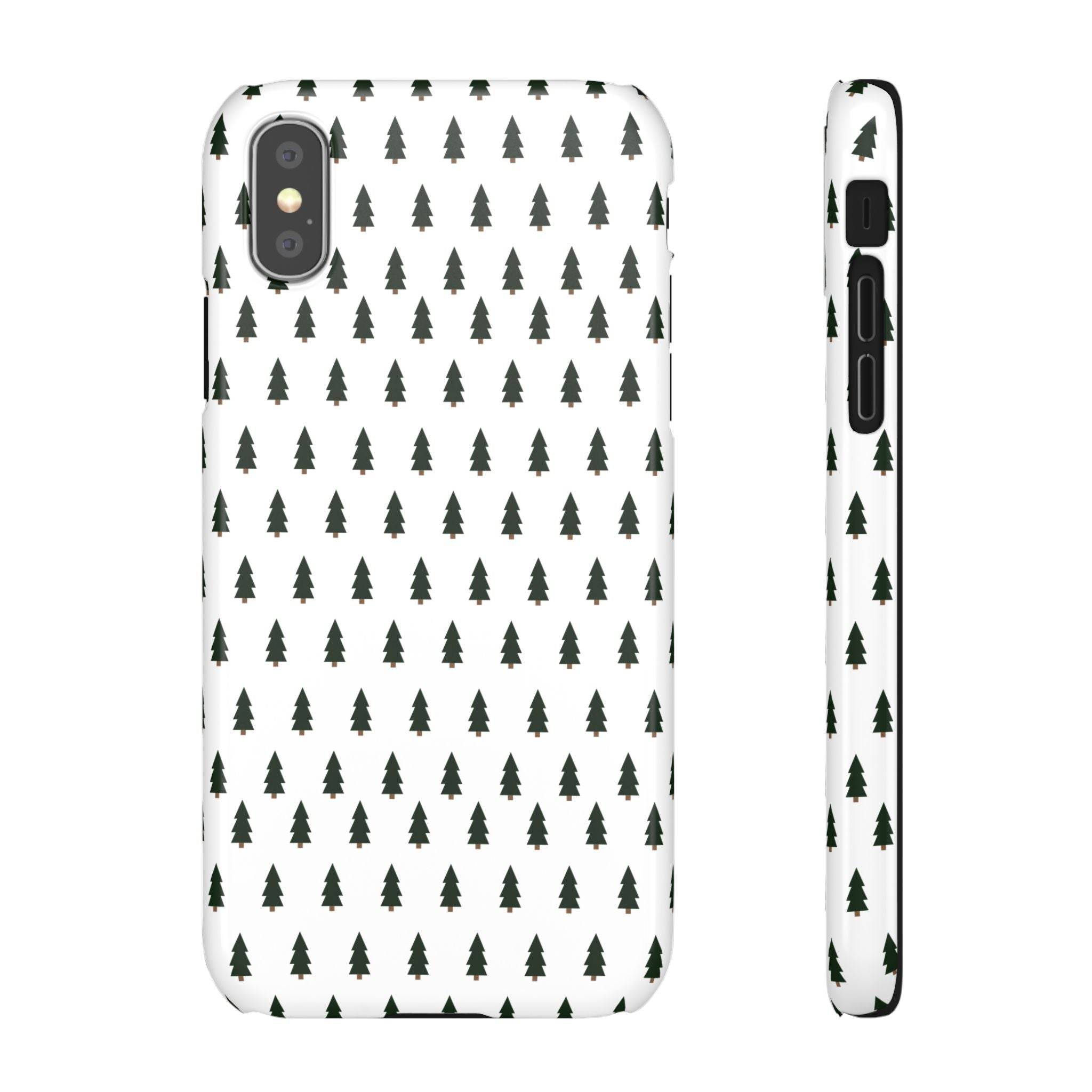 Printify phone case featuring a winter forest snap case design with small green pine trees pattern