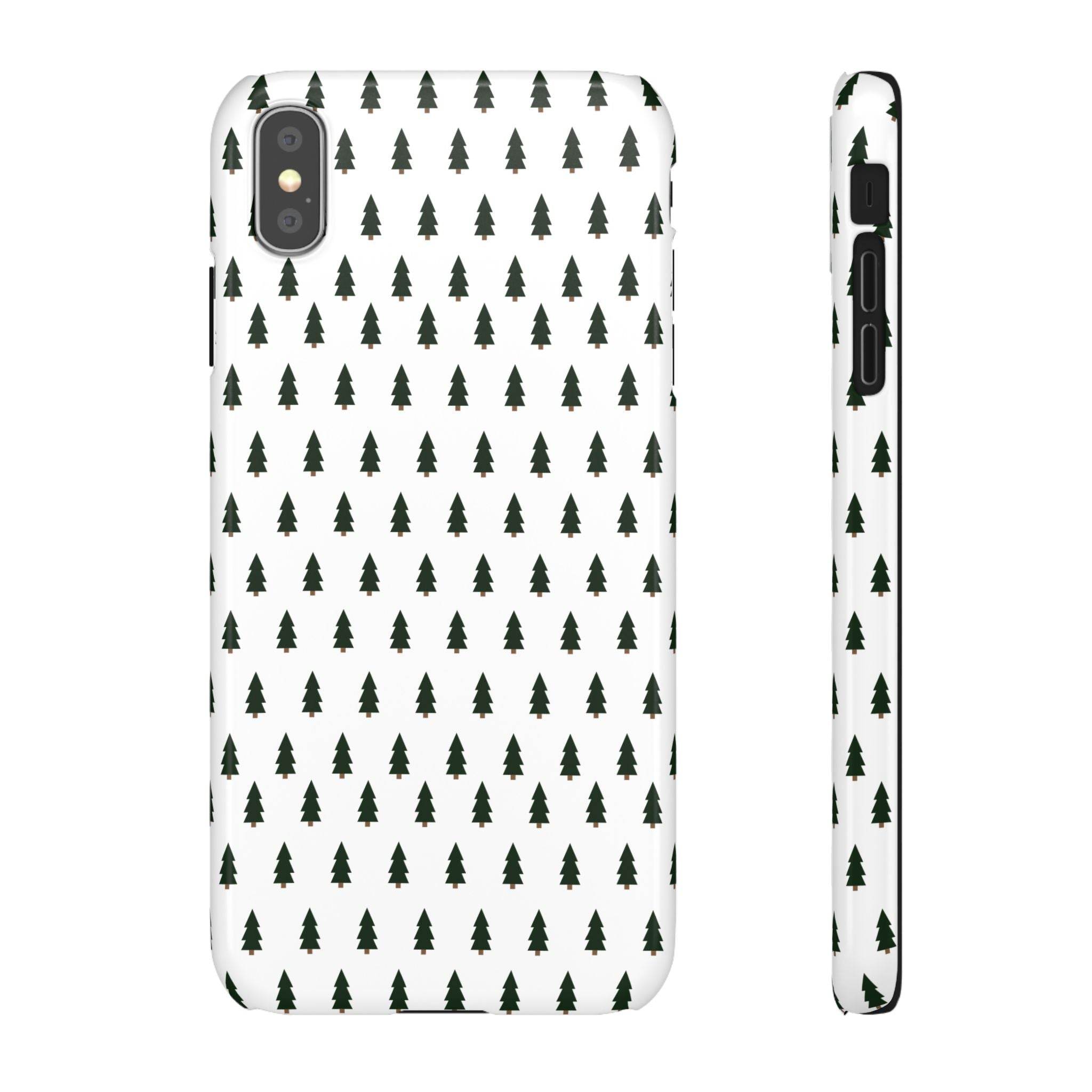 Printify phone case with winter forest snap case design featuring small green pine trees on white background