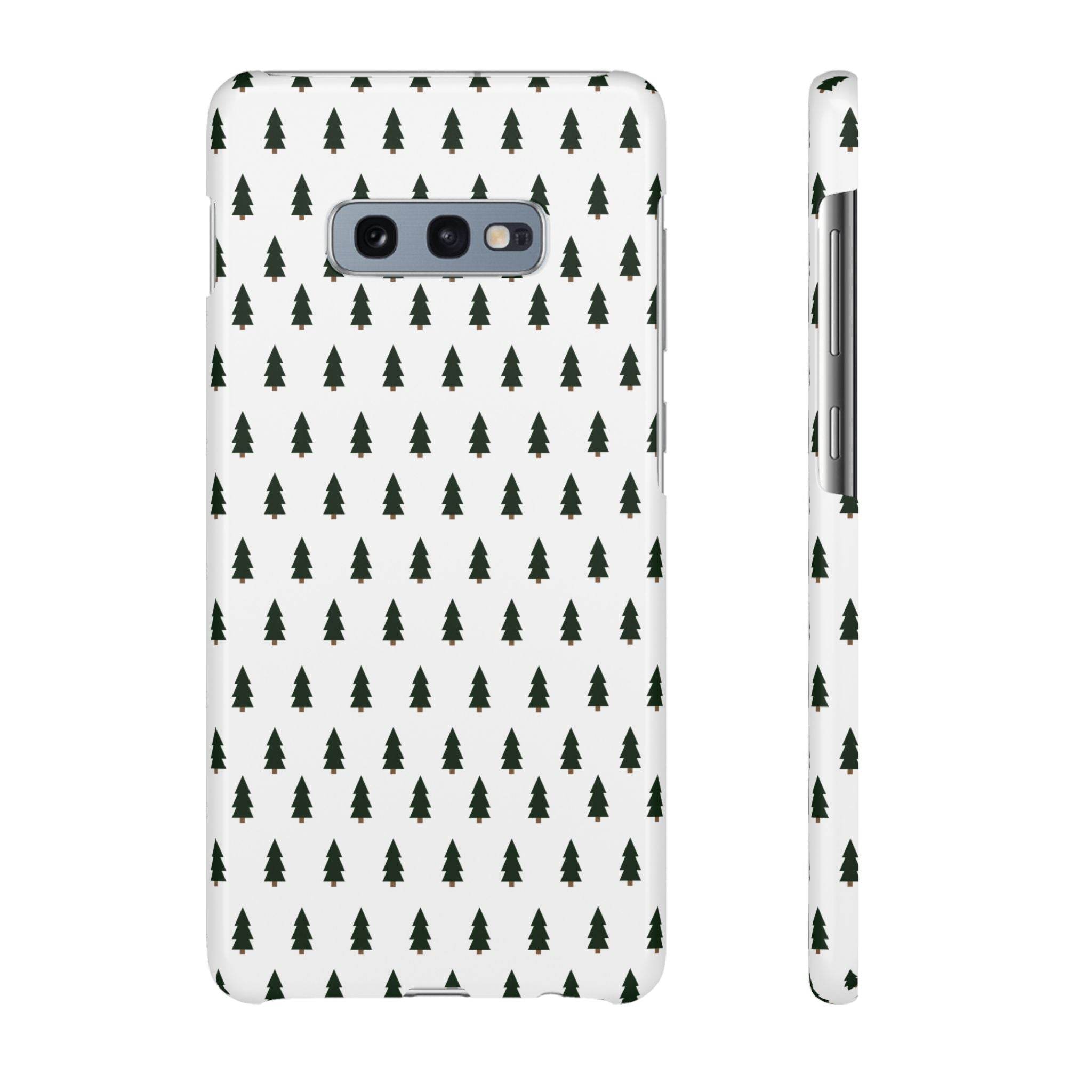 Printify winter forest snap case with repeating green tree pattern on white background for smartphone