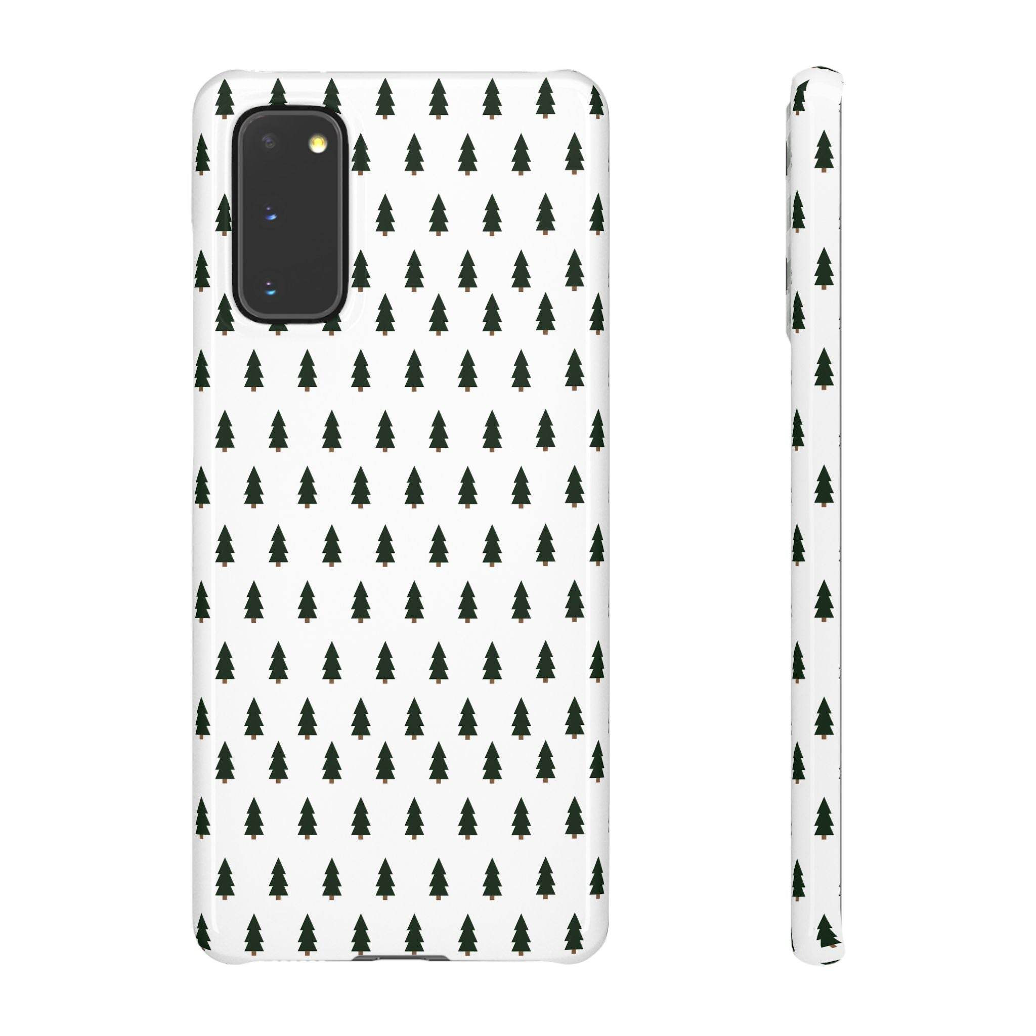 Printify phone case with winter forest snap case design featuring small green trees on white background