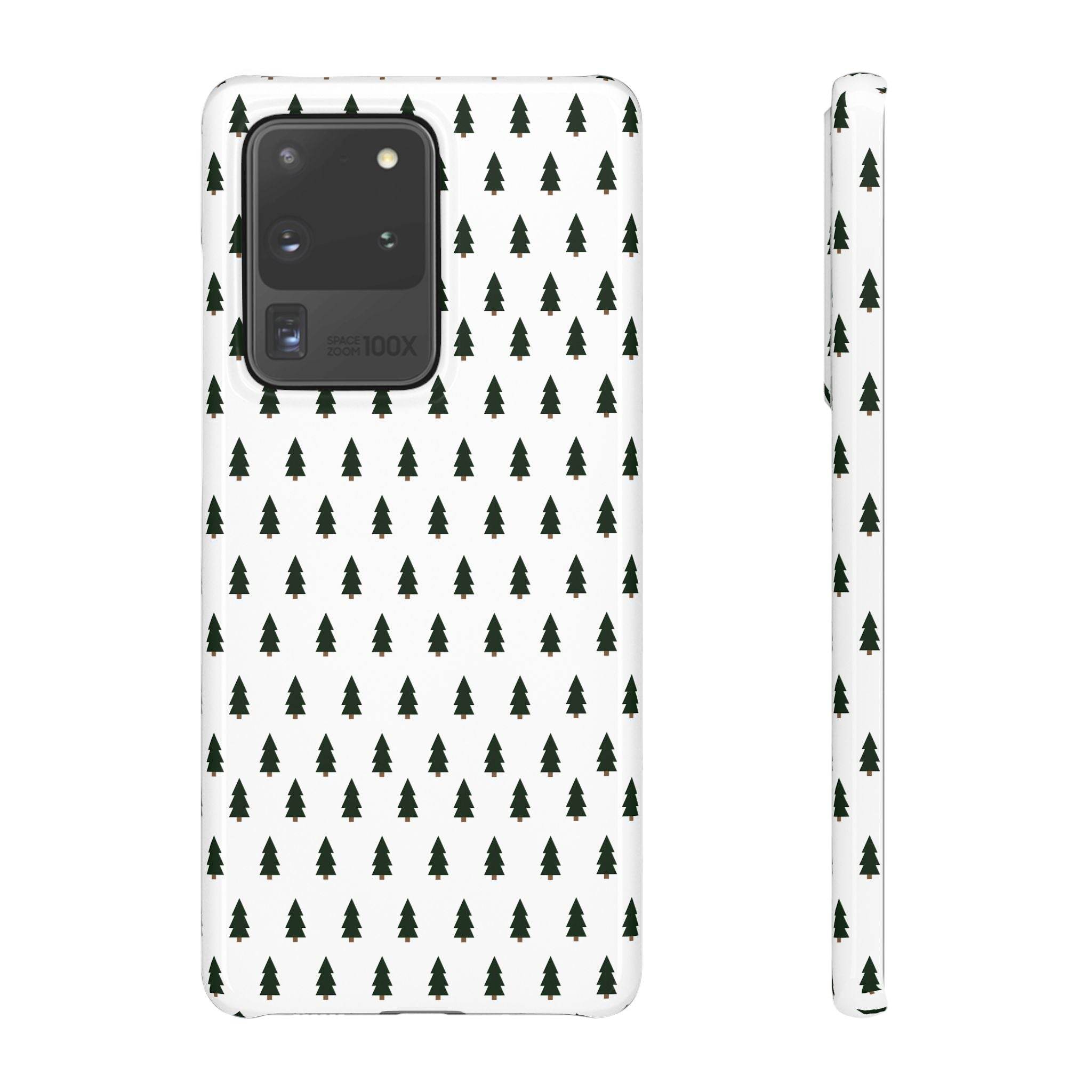Printify white phone case with small green tree pattern featuring winter forest snap case design