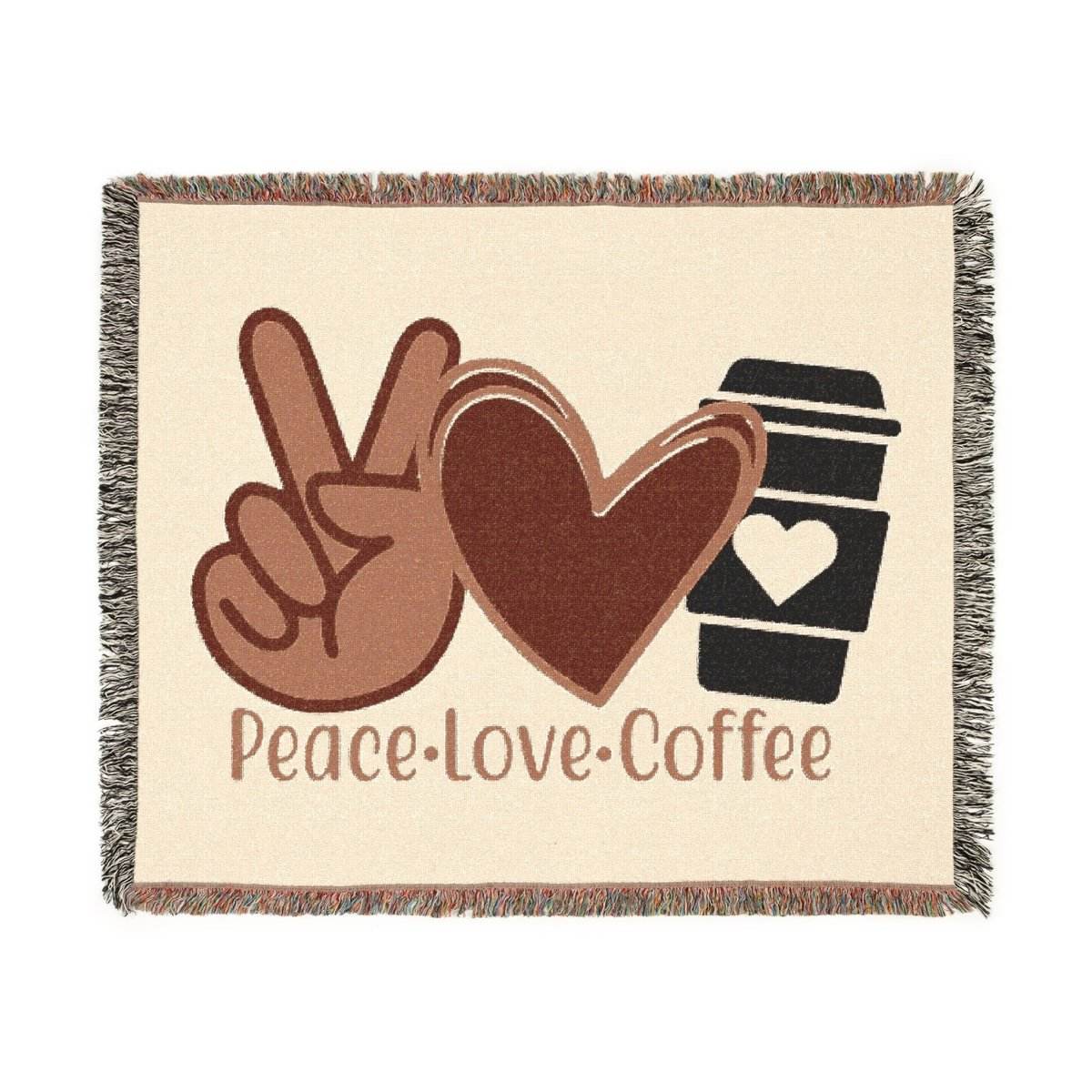 Printify eco-friendly woven blanket featuring peace sign, heart, and coffee cup design with Peace Love Coffee text