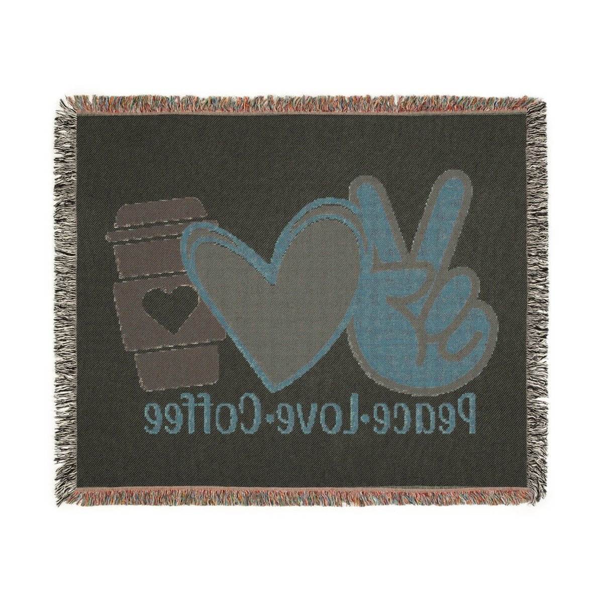 Printify eco-friendly woven blanket with coffee cup heart and peace sign design in muted colors