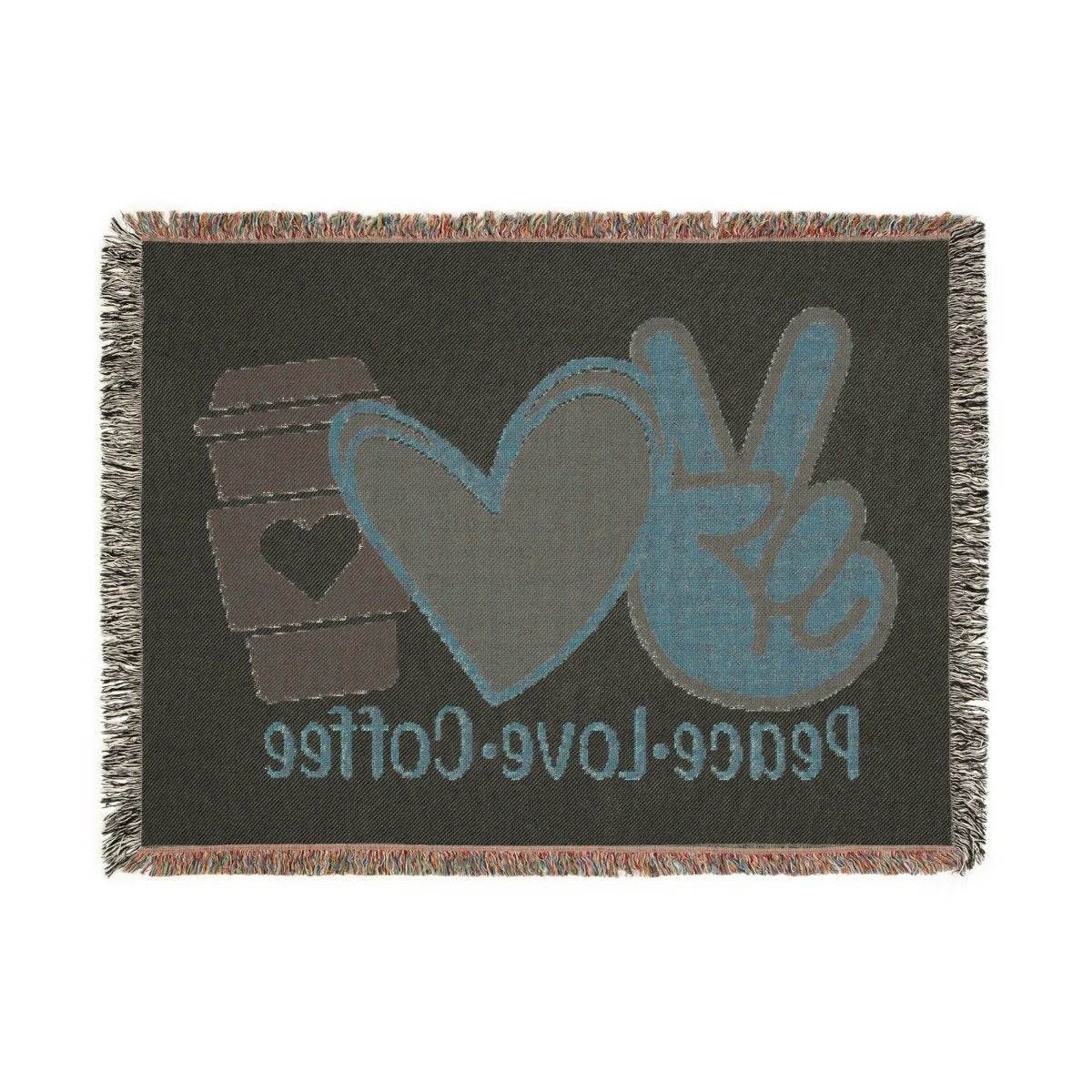 Printify eco-friendly woven blanket with peace sign heart and coffee cup design