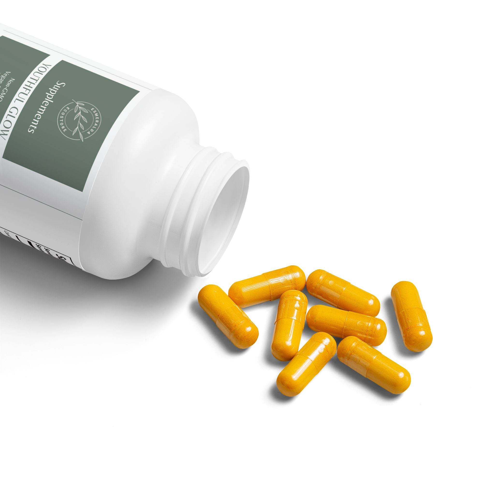 Printify vegan CoQ10 supplement yellow capsules spilled from white bottle on white background