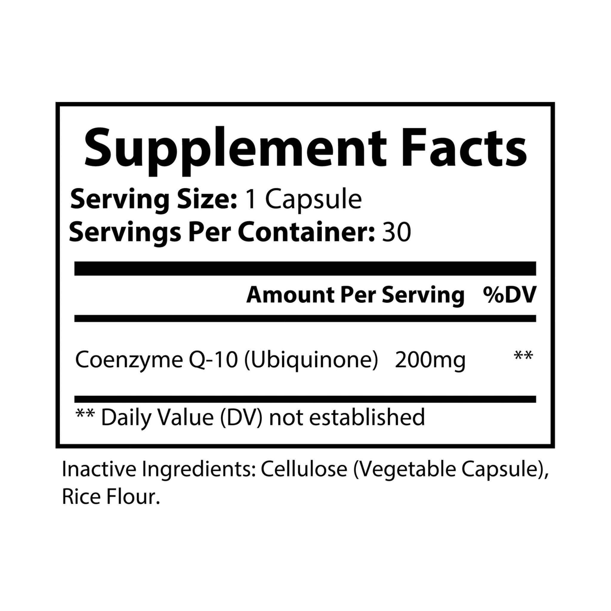 Supplement facts label showing vegan CoQ10 supplement with 200mg Coenzyme Q-10 per capsule and 30 servings
