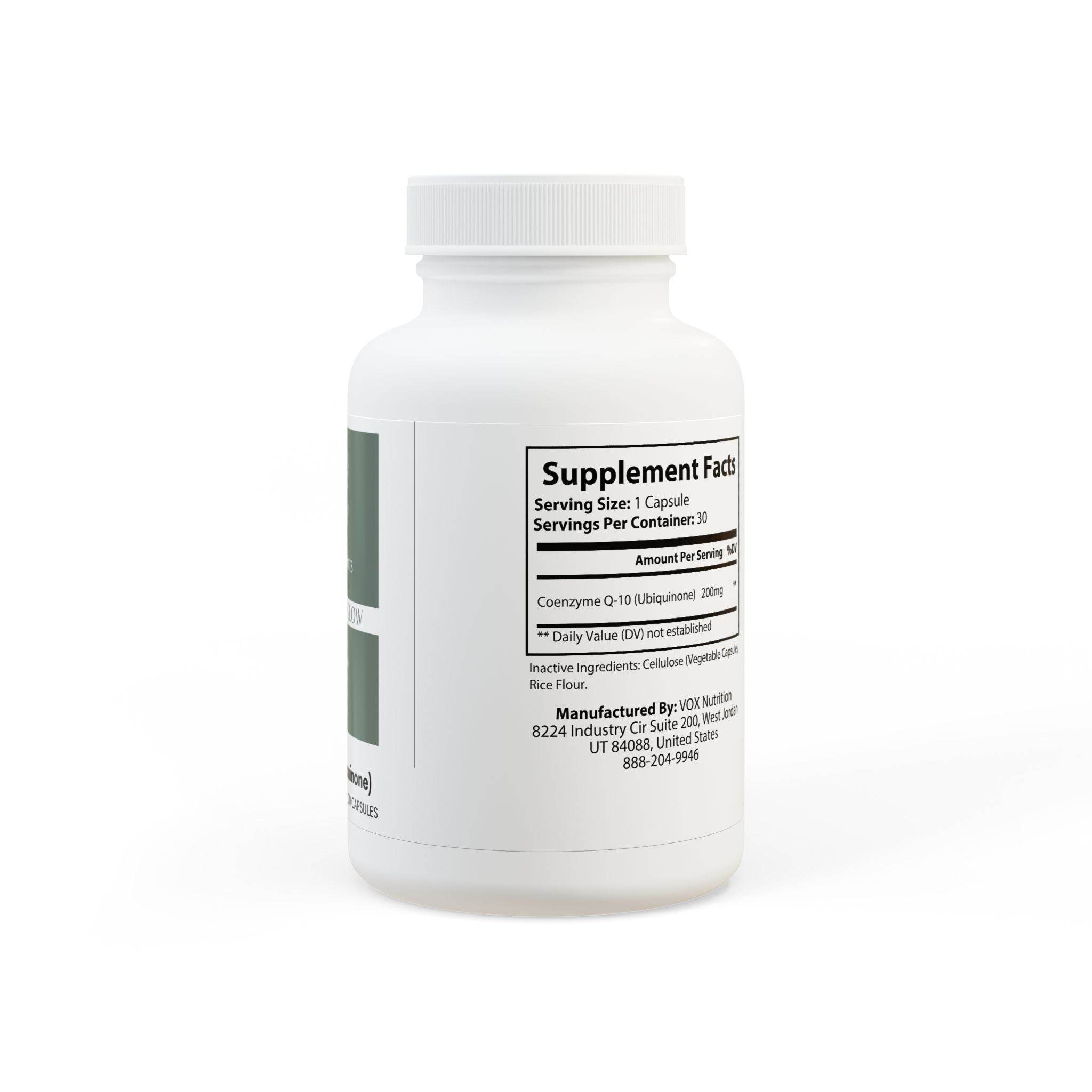 White bottle of vegan CoQ10 supplement by Printify showing supplement facts label and ingredients