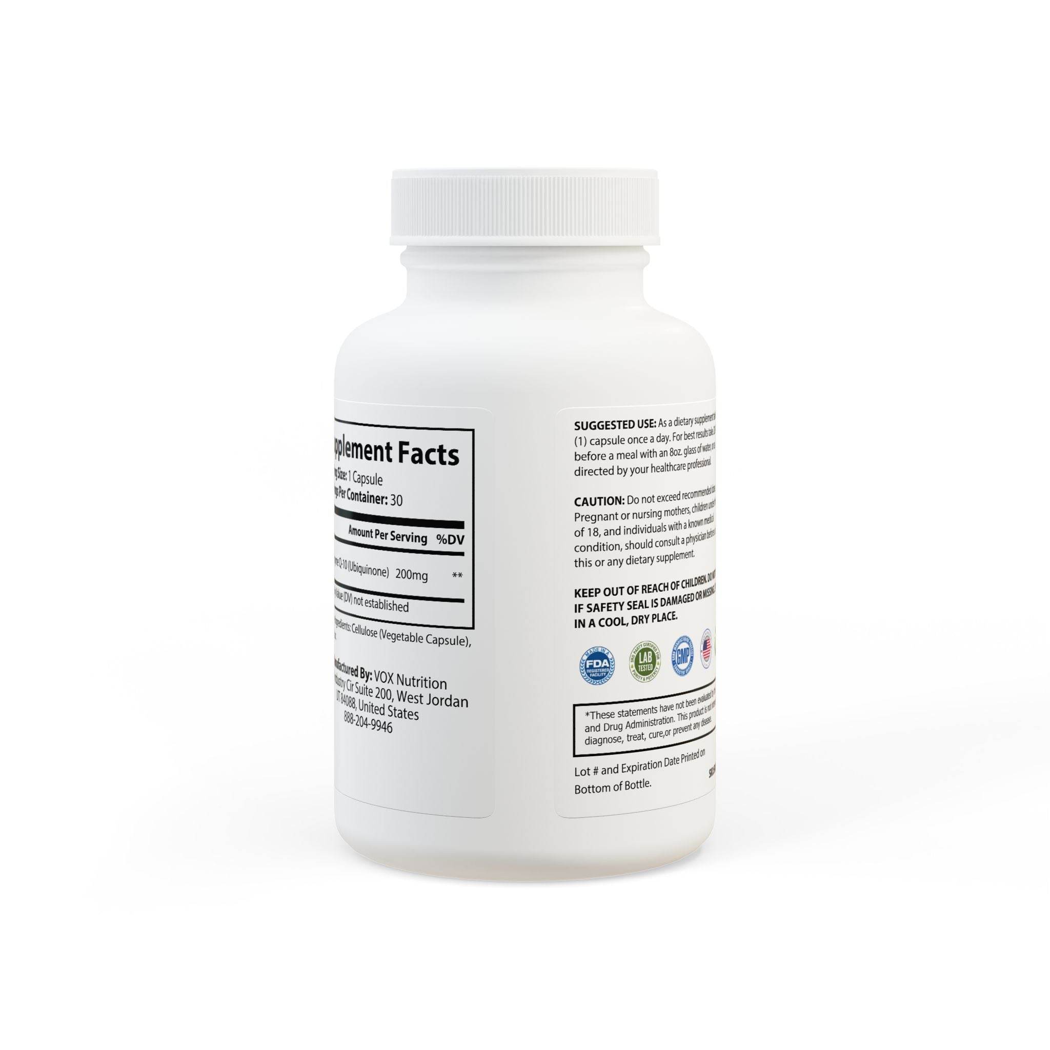 White bottle of vegan CoQ10 supplement by Printify showing supplement facts and usage instructions
