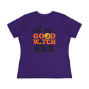 Purple womens tee Printify eco friendly halloween t shirt women with In My Good Witch Era graphic moon and bats