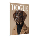 Printify canvas of a brown dog portrait wearing a turtleneck and coat with DOGUE title eco-friendly dog art print