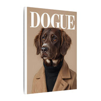 Printify canvas of a brown dog portrait wearing a turtleneck and coat with DOGUE title eco-friendly dog art print