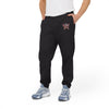Men wearing black eco Adidas pants with embroidered logo and blue white sneakers from Printify