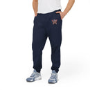 Men's navy eco Adidas pants with a colorful logo on left thigh by Printify