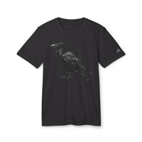Black eco-friendly Adidas sport t-shirt with a detailed raven graphic on front and logo on sleeve