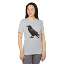 Printify eco-friendly Adidas sport t-shirt in gray with black crow graphic worn by woman