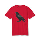 Red eco-friendly Adidas sport t-shirt with black raven graphic on front and Adidas logo on sleeve by Printify