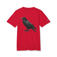Red eco-friendly Adidas sport t-shirt with black raven graphic on front and Adidas logo on sleeve by Printify