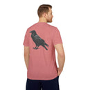 Man wearing a red eco-friendly Adidas sport t-shirt with black raven graphic on the back