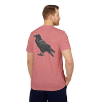 Man wearing a red eco-friendly Adidas sport t-shirt with black raven graphic on the back