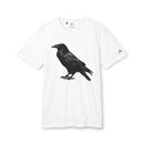 White eco-friendly Adidas sport t-shirt featuring black raven graphic and Adidas logo on sleeve