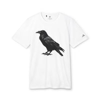 White eco-friendly Adidas sport t-shirt featuring black raven graphic and Adidas logo on sleeve