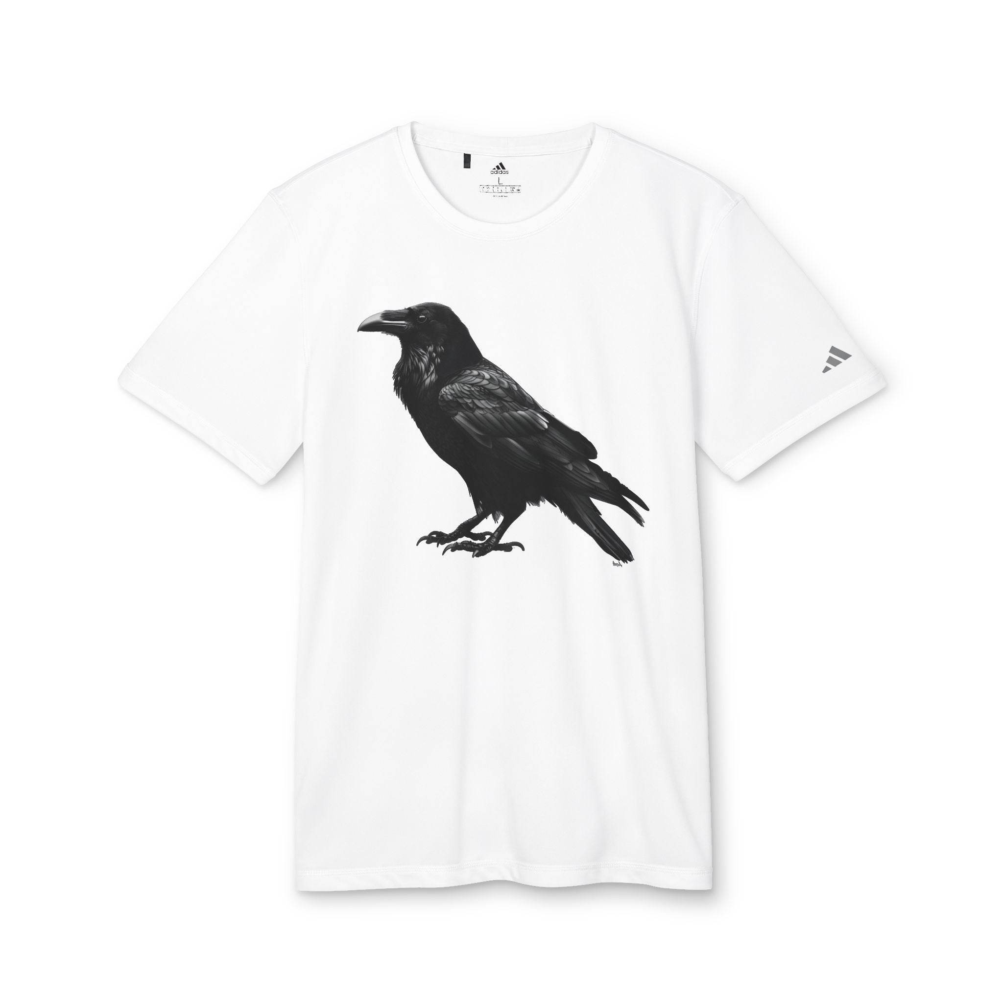 White eco-friendly Adidas sport t-shirt featuring black raven graphic and Adidas logo on sleeve
