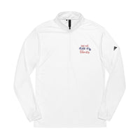 Adidas white sweatshirt with zip collar featuring 'Sweet Land of Liberty' design, ideal eco-friendly athletic wear