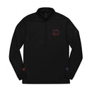 Printify black sweatshirt with quarter zip featuring eco-friendly athletic wear design and colorful text on chest and sleeves