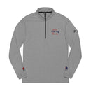 Printify gray quarter-zip sweatshirt with patriotic text design, eco-friendly athletic wear