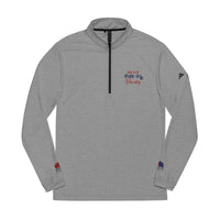 Printify gray quarter-zip sweatshirt with patriotic text design, eco-friendly athletic wear