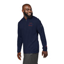 Man wearing navy Printify sweatshirt with sweet liberty logo, eco-friendly athletic wear for comfort and style