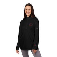 Printify black sweatshirt with quarter zip worn by smiling woman featuring eco-friendly athletic wear design