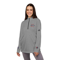 Printify grey sweatshirt with quarter zip featuring eco-friendly athletic wear design worn by smiling woman