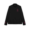 black pullover with pink embroidered The Queen has retired on chest and cuffs eco-friendly embroidered quarter-zip pullover