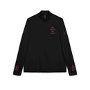 black pullover with pink embroidered The Queen has retired on chest and cuffs eco-friendly embroidered quarter-zip pullover