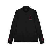 black pullover with pink embroidered The Queen has retired on chest and cuffs eco-friendly embroidered quarter-zip pullover