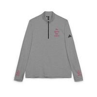 Printify eco-friendly embroidered quarter-zip pullover gray long sleeve with pink chest embroidery and sleeve logo