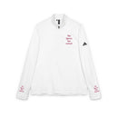 White eco-friendly embroidered quarter-zip pullover with pink The Queen has retired embroidery on chest and sleeve cuffs