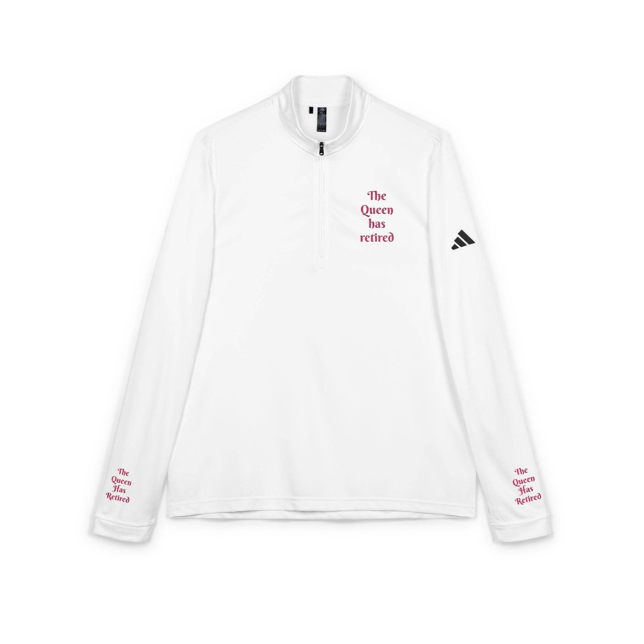 White eco-friendly embroidered quarter-zip pullover with pink The Queen has retired embroidery on chest and sleeve cuffs
