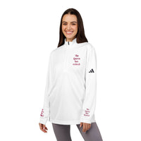 Printify eco-friendly embroidered quarter-zip pullover in white with red The Queen has retired embroidery on chest and sleeve