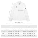 Printify eco-friendly embroidered quarter-zip pullover white mockup with Adidas logo and size chart