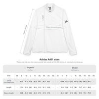 Printify eco-friendly embroidered quarter-zip pullover white mockup with Adidas logo and size chart