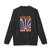 Black Printify sweatshirt featuring colorful floral design and Bloom Your Own Way text eco-friendly sweatshirts for men and women