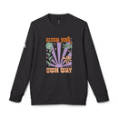 Black Printify sweatshirt featuring colorful floral design and Bloom Your Own Way text eco-friendly sweatshirts for men and women