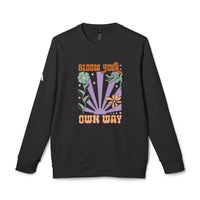 Black Printify sweatshirt featuring colorful floral design and Bloom Your Own Way text eco-friendly sweatshirts for men and women