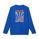 Blue sweatshirt with colorful floral graphic and bloom your own way text eco-friendly sweatshirts for men and women