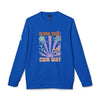 Printify blue sweatshirt with colorful floral design and bloom your own way text eco-friendly sweatshirts for men and women