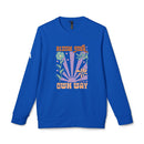 Printify blue sweatshirt with colorful floral design and bloom your own way text eco-friendly sweatshirts for men and women