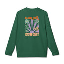 Green Printify sweatshirt with colorful Bloom Your Own Way floral design eco-friendly sweatshirts for men and women