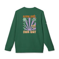 Green Printify sweatshirt with colorful Bloom Your Own Way floral design eco-friendly sweatshirts for men and women